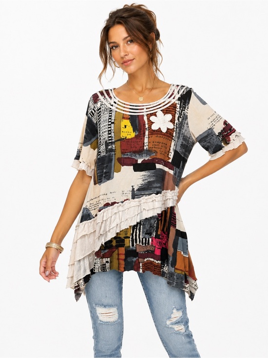 Anuna’s Tops - Anuna’s Abstract Print Asymmetrical Ruffle Tunic Top/Mini Dress Boho Artsy Sz L